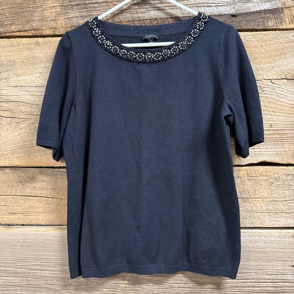 Talbots Beaded neckline, short sleeve sweater, silk blend, black, Large